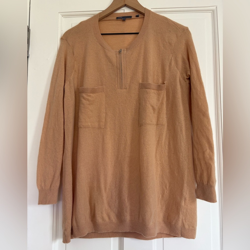 Vince Sweater Men's 100% Cashmere Pullover Beige Long Sleeve Pockets 1/4 Zip S